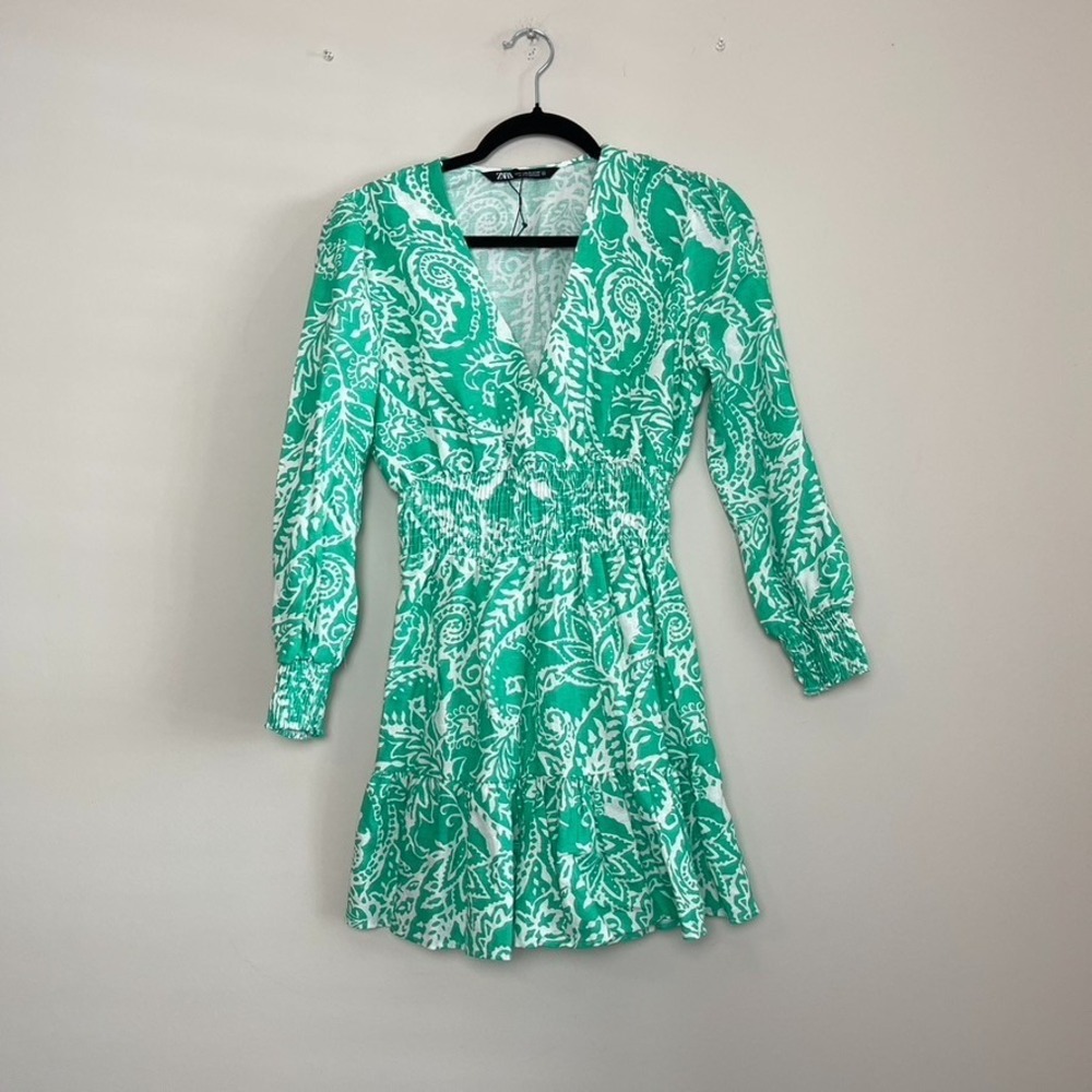 ZARA Green Paisley Linen Blend Boho Smocked Ruffle Hem Cottagecore Mini Dress